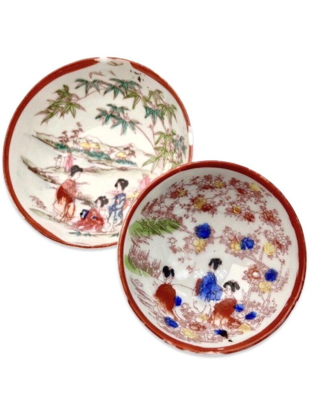 Japanese Bowls Vintage Porcelain Hand Painted Footed Set 2 Pc